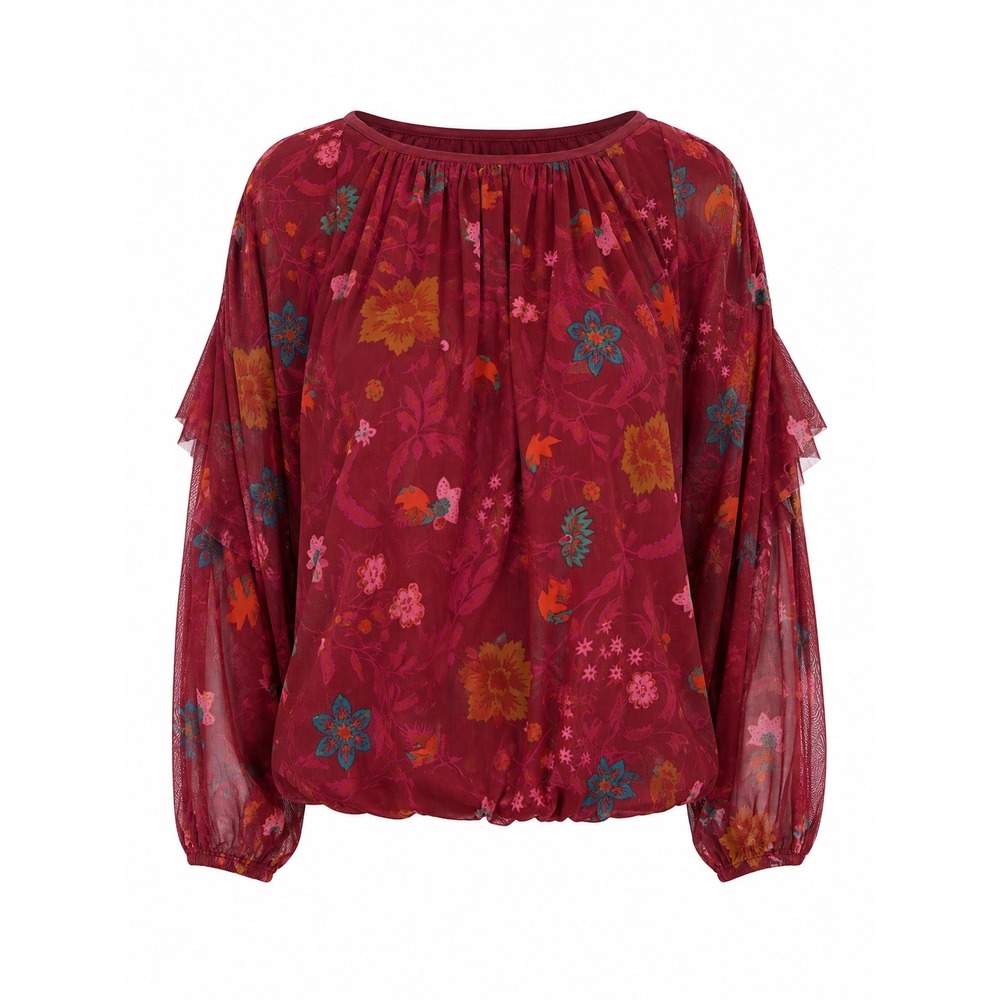 Free People Wildflower Honey Blouse Floral Mesh XS Burgundy Ruffle Sleeve Boho - Picture 2 of 9